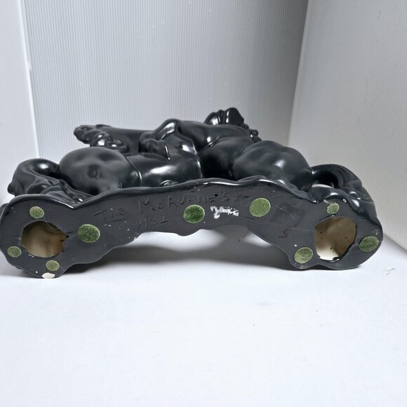 Black Ceramic Fighting Stallions Signed 1982 Mid-Century Modern Studio Art - Picture 5 of 6